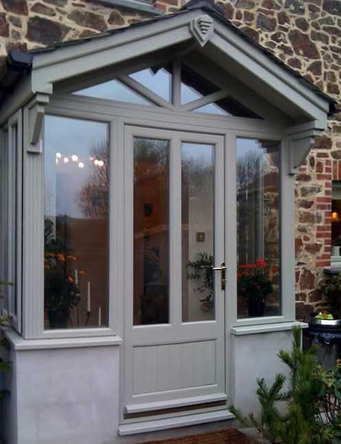 grey modern porch on stone house